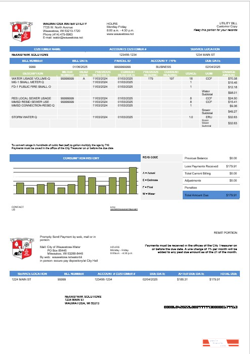 USA Wawatosa Water Utility business utility bill template in Word and PDF formats